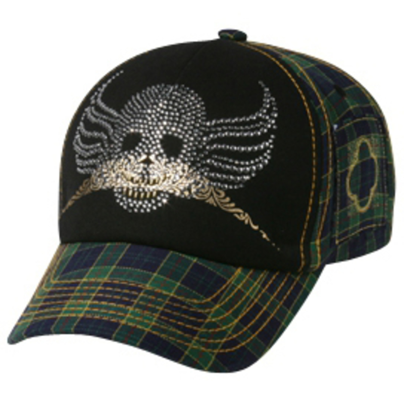 Otto Rhinestone Skull Plaid Pattern Caps