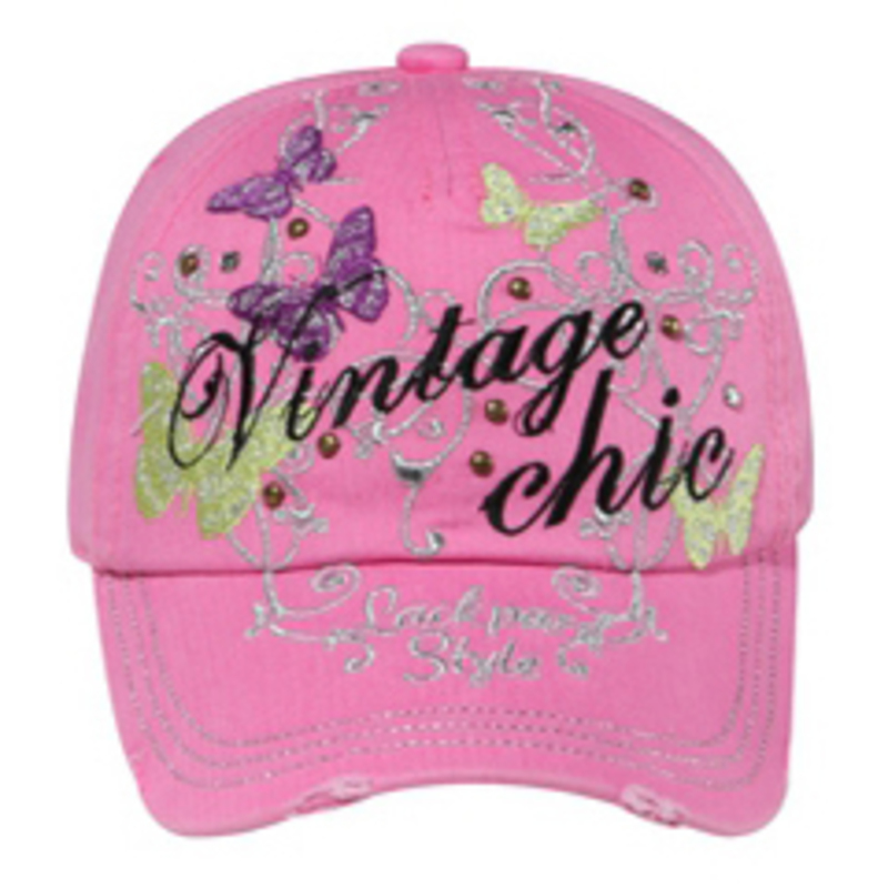 Otto Vintage Chic Embroidered On Metallic Swirl Butterfly Design Caps