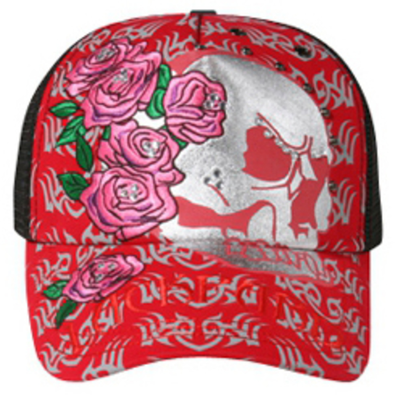 Otto Metallic Skull Embroidered Roses Mesh Back Caps